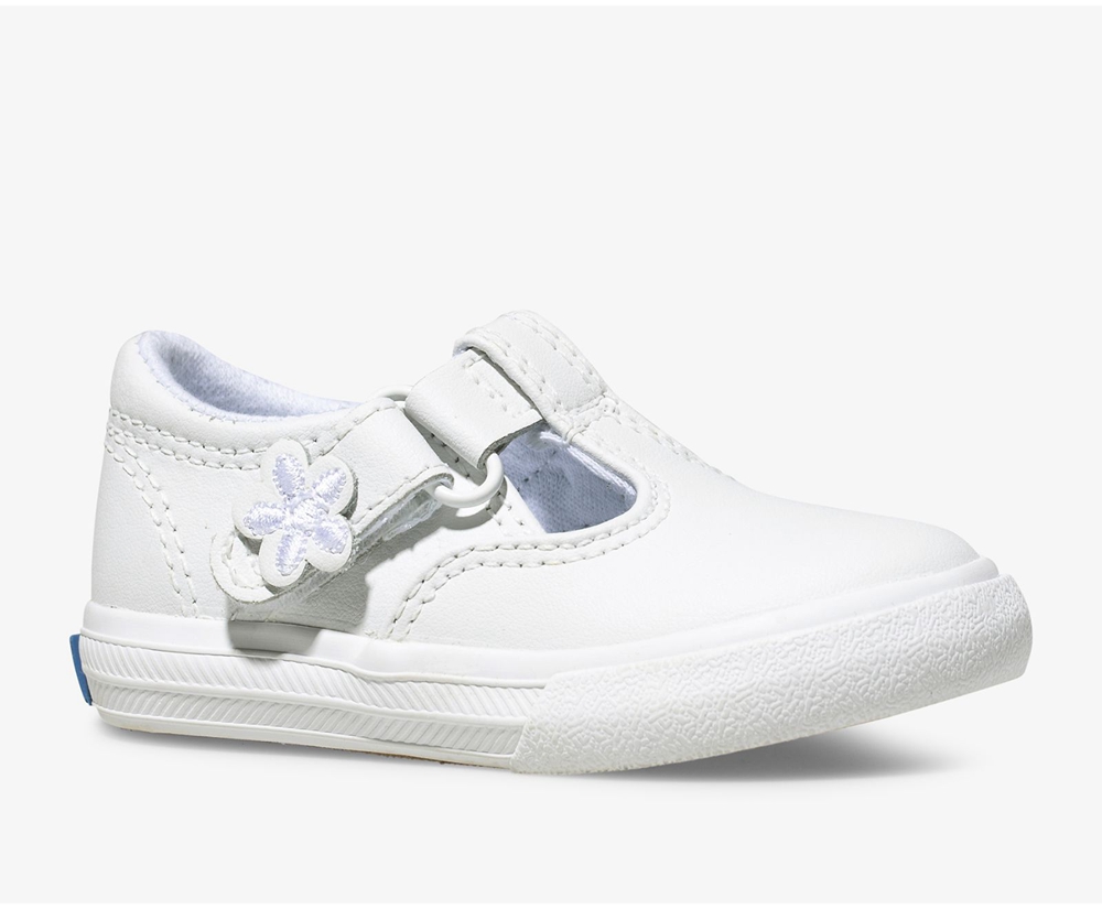 Slip Ons Keds Enfant Blanche - Daphne T-Strap Cuir | FHZ-84731989