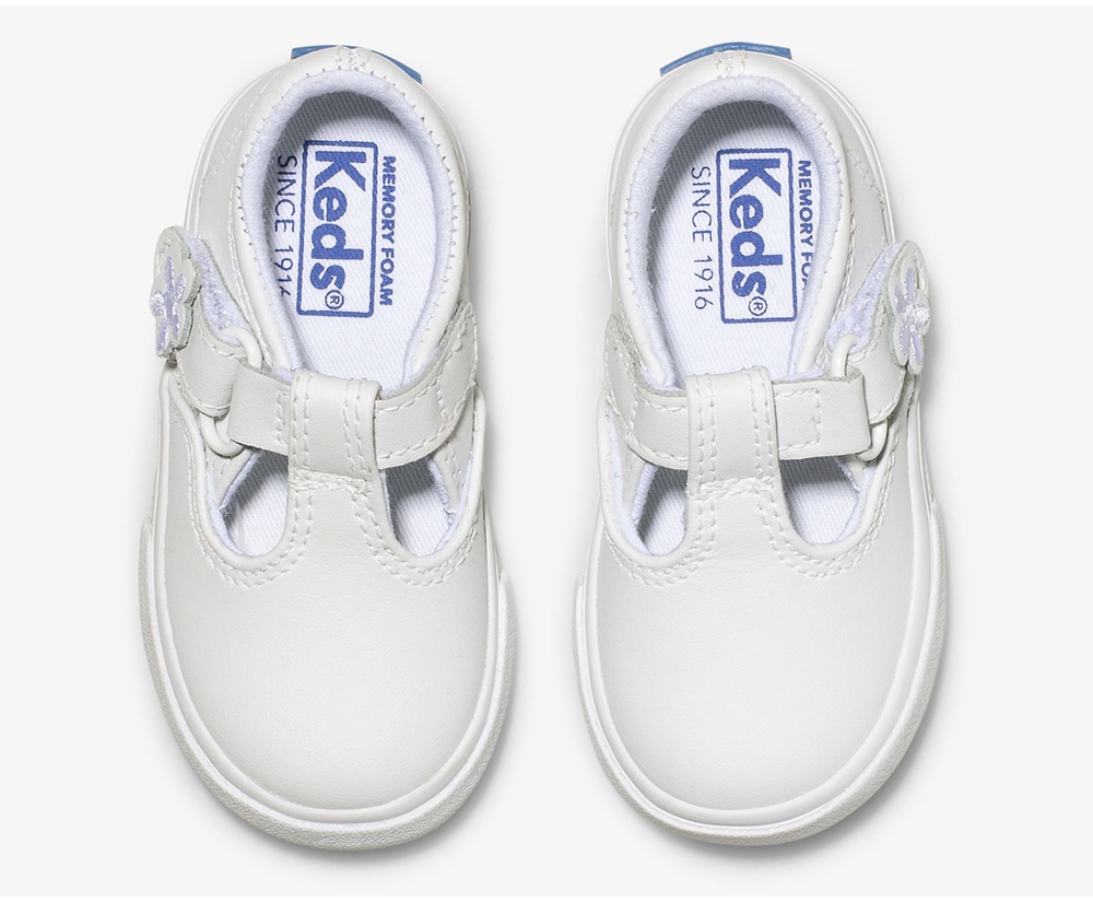 Slip Ons Keds Enfant Blanche - Daphne T-Strap Cuir | FHZ-84731989