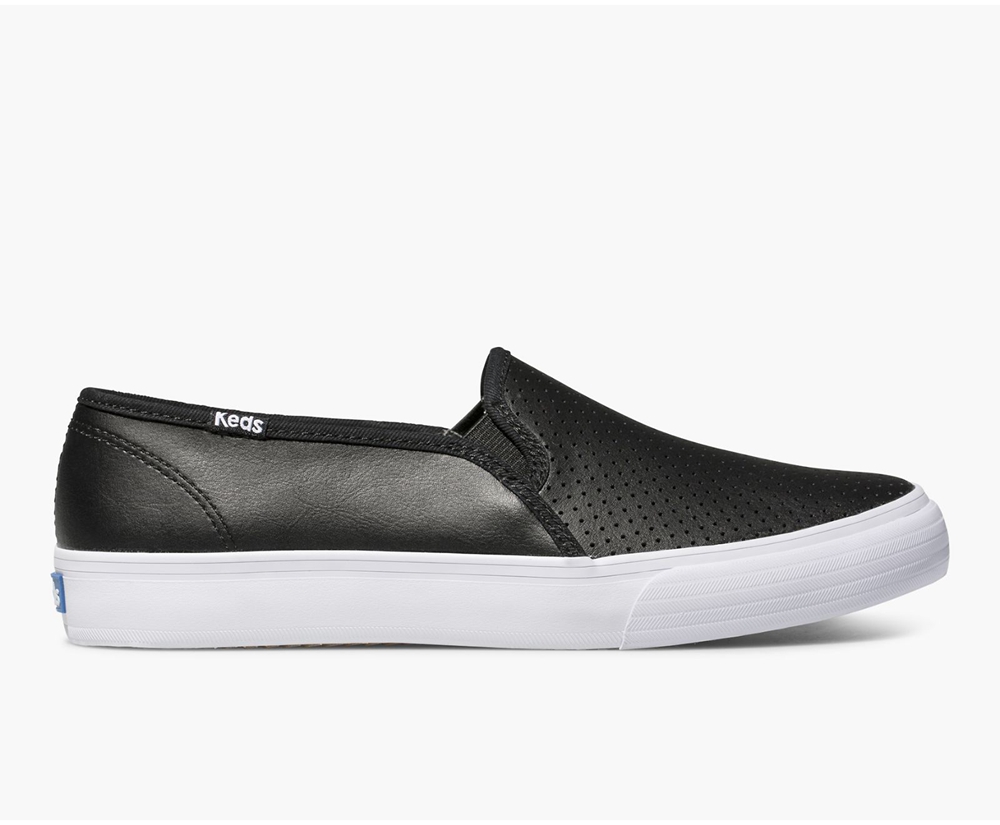 Slip Ons Keds Femme Noir - Double Decker Perf Cuir | EQD-32581809