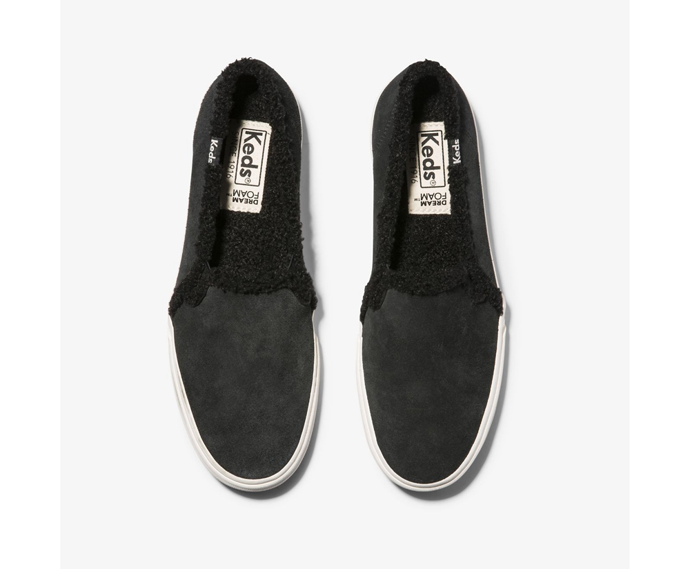 Slip Ons Keds Femme Noir - Double Decker Suede Faux Shearling | QKW-95986387