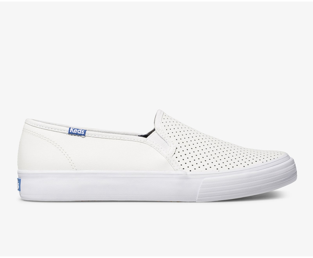 Slip Ons Keds Femme Blanche - Double Decker Perf Cuir | QLS-89178563