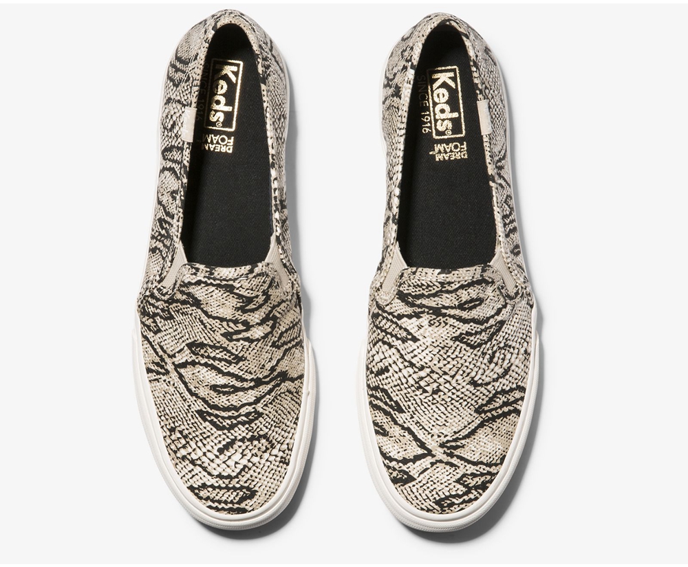 Slip Ons Keds Femme Blanche/Noir - Double Decker Animal | EKD-25372773