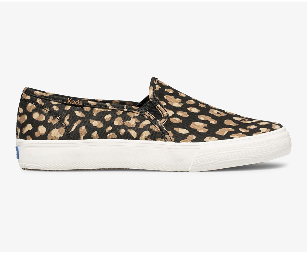 Slip Ons Keds Femme Noir/Leopard - Washable Double Decker Animal | WBB-66582844