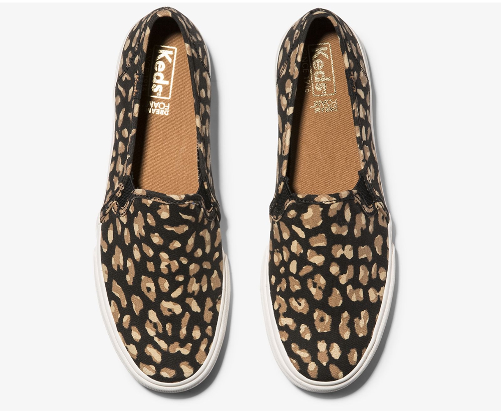 Slip Ons Keds Femme Noir/Leopard - Washable Double Decker Animal | WBB-66582844