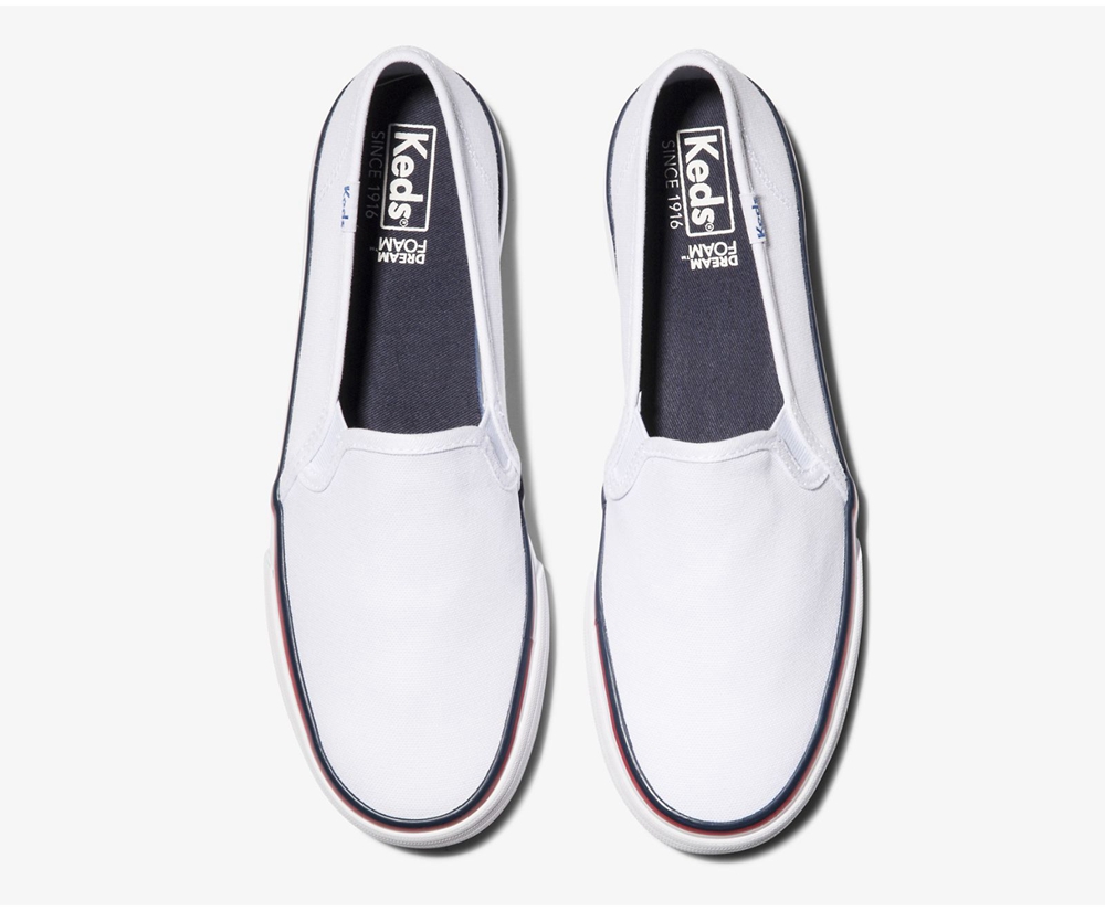 Slip Ons Keds Femme Blanche - Washable Double Decker Varsity | GWB-91397527